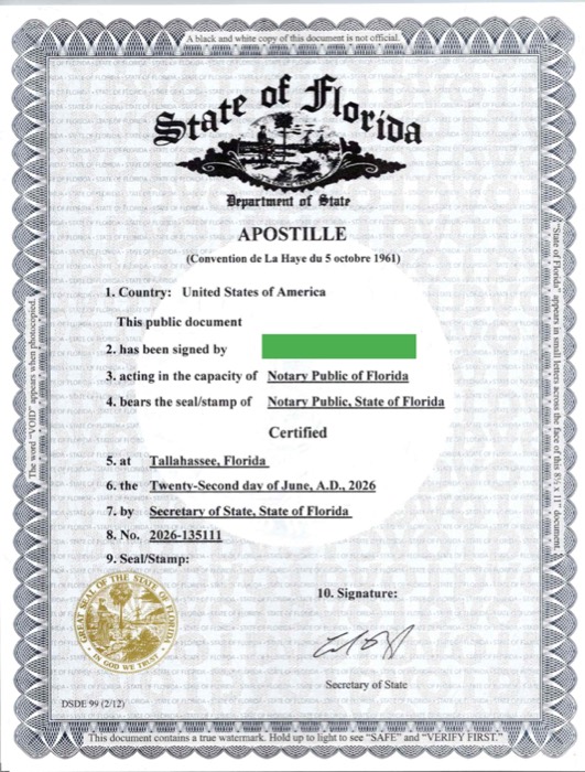Page one of the sample document: a State of Florida Department of State apostille certificate issued under the Hague Convention of 1961
